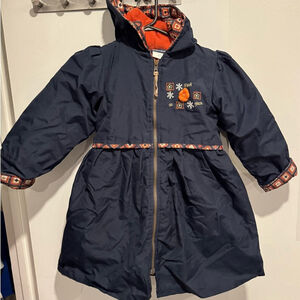 Perlimpinpin coat dress jacket warm cute blue orange hood floral print zip 4T
